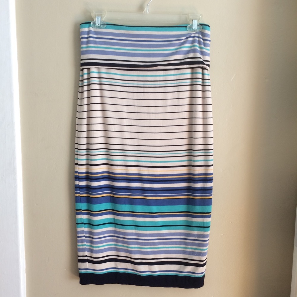 Max Studio Skirt Blue Striped Soft Stretchy Knit Midi Roll Down Waistband Small